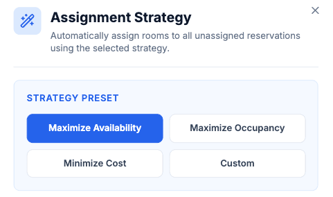 Kasto PMS auto room assignment strategy modal