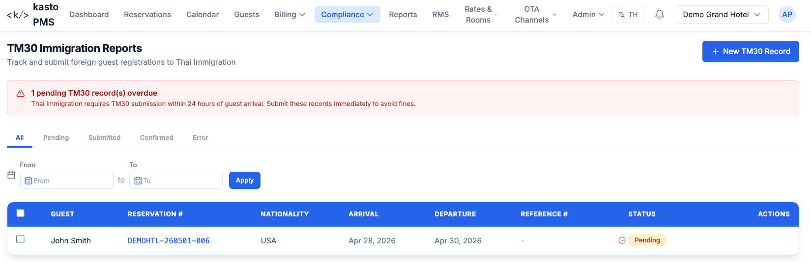 Kasto PMS TM30 immigration report screen
